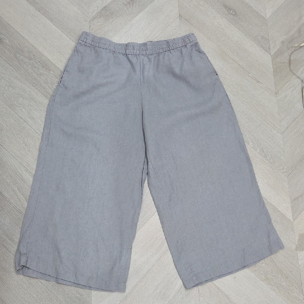 Kenar Womans 100% Linen Wide Leg Grey Capris, Large